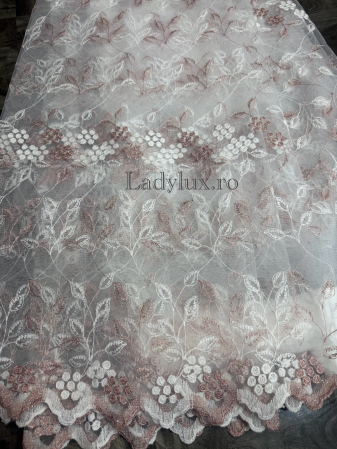 Perdele - Perdea din tulle cu broderie Roz+alb , model margaritar, gata făcută cu tiv și rejansă C1599