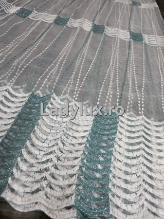 Perdele 4 M - Perdea Tulle cu Broderie Alb+Turcoaz - Model Soly 4M x 2.5h Cu Tiv si Rejansa