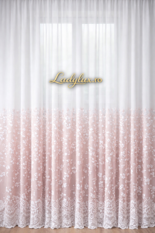 Perdele 4 M - Perdea Tulle Umbre Roz cu Broderie Alba - Cu Tiv si Rejansa Model Floricele 4M x 2.5h