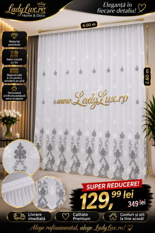 Promotii si oferte! - Perdea IN cu Broderie Alba+ GRI MODEL ARABESC - 4M x 2.6h Cu Tiv si Rejansa