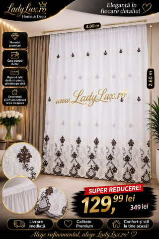 Promotii si oferte! - Perdea IN cu Broderie Alba+ Maro   MODEL ARABESC - 4M x 2.6 h Cu Tiv si Rejansa