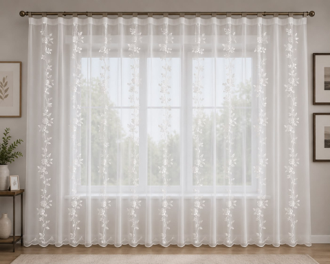 Perdele 3M - Perdea IN cu Broderie Alba Model  Ghirlanda Florala - 3M x 2.5h Cu Tiv si Rejansa