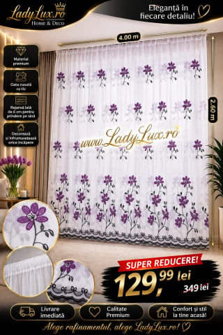 Perdele 4 M - Perdea IN cu Broderie Alba+ Mov  MODEL YASMIN - 4M x 2.6 h Cu Tiv si Rejansa