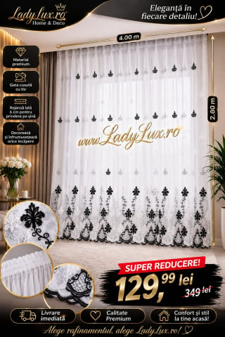 Promotii si oferte! - Perdea IN cu Broderie Alba+ Negru  MODEL ARABESC - 4M x 2.6 h Cu Tiv si Rejansa