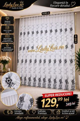 Promotii si oferte! - Perdea IN cu Broderie Alba+ Negru  MODEL YASMIN - 4M x 2.6 h Cu Tiv si Rejansa