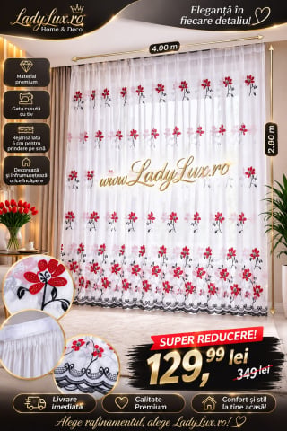 Perdea IN cu Broderie Alba+ Rosu  MODEL YASMIN - 4M x 2.6 h Cu Tiv si Rejansa