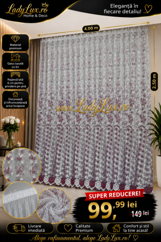 Perdele 4 M - Perdea MOV  Model Multiflora  Cu Tiv si rejansa - 4M x 2.5h