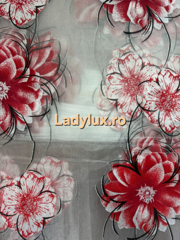Perdele 4 M - Perdea Organza Imprimata - Model Floral Rosu - 4M x 2.7h Cu Tiv si Rejansa