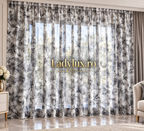 Perdele - Perdea Organza Imprimata - Model Flori Gri 4M x 2.7h