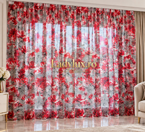Perdele - Perdea Organza Imprimata - Model Flori Rosii - 4M x 2.7h Cu Tiv si Rejansa
