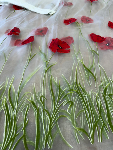 Perdele 4 M - Perdea Organza Imprimata - Model Maci Rosii - 4M x 2.7h Cu Tiv si Rejansa