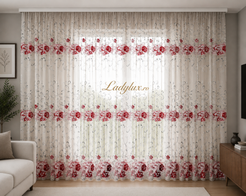 Perdele - Perdea Organza Imprimata - Model Flori Rosii Bobocii  - 4M x 2.7h Cu Tiv si Rejansa
