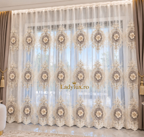 Perdele - Perdea Tull Alb Cu Broderie Gri  Model LUXY Cu Tiv si Rejansa 3M x 2.7h