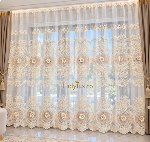 Perdele - Perdea Tull Alb Cu Broderie Capucino  Model LUXY Cu Tiv si Rejansa 3M x 2.7h