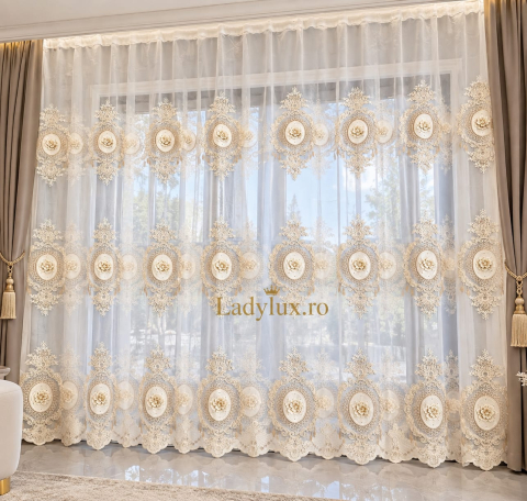 Perdele - Perdea Tulle Alb cu Broderie Alba+ Unt   Model LUXY-  Cu Tiv si Rejansa - 3M- 2,7 H