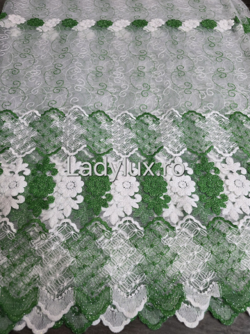 Perdele - Perdea Tulle  Alba+Verde Model Flori cu Tiv si Rejansa  4M x 2.5h
