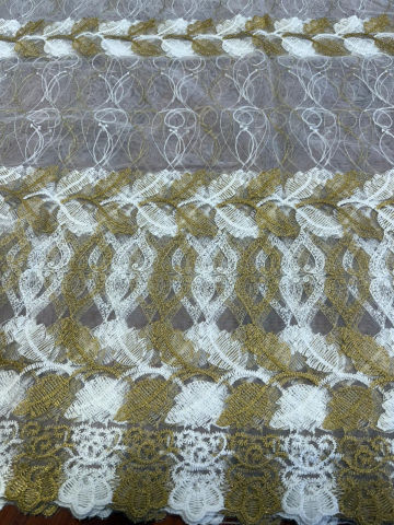 Perdele - Perdea Tulle Broderie Alb+Auriu - Cu Tiv si Rejansa Model Frunze 3M x 2.5h