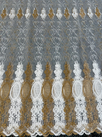 Perdele 4 M - Perdea Tulle cu Broderie Alb+AURIU  Model Oglinda- Cu Tiv si Rejansa - 4M x 2.5 h