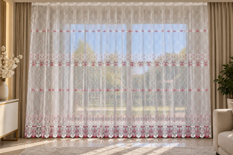 Promotii si oferte! - Perdea Tulle cu Broderie Alb+Bordo Model Arcade  - Cu Tiv si Rejansa - 3M x 2.5 h