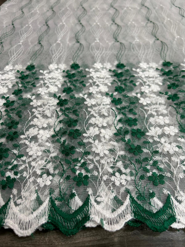 Perdele - Perdea Tulle cu Broderie Alb+Verde Model Spiraflora  - Cu Tiv si Rejansa - 3M x 2.5 h