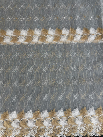 Perdele - Perdea Tulle cu Broderie Alb+Aurie Model Frunza - Cu Tiv si Rejansa - 3.5M x 2.5 h