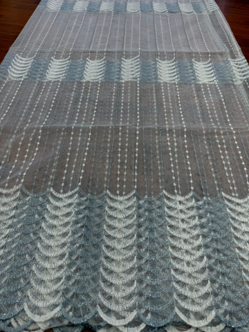 Promotii si oferte! - Perdea Tulle cu Broderie Alb+Bleo Model Valuri - Cu Tiv si Rejansa - 3M x 2.5 h