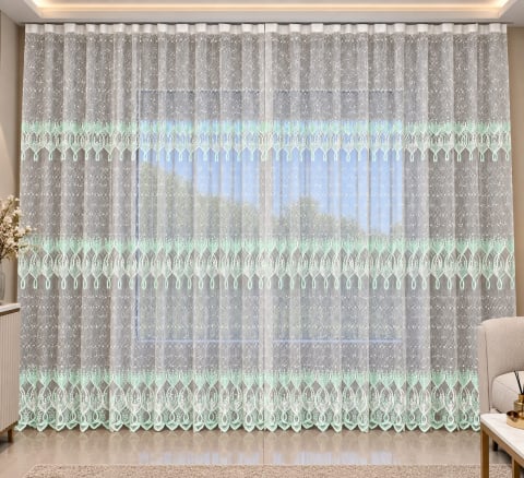 Perdele 3M - Perdea Tulle cu Broderie Alb+Verde Menta Pastel  Model Catrina - Cu Tiv si Rejansa - 3M x 2.5 h