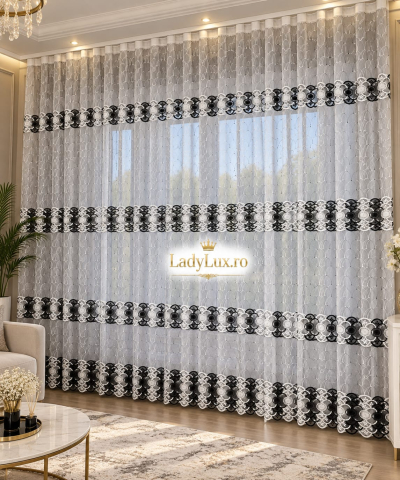 Perdele - Perdea Tulle cu Broderie Alb+Negru, Model Anemona 4M x 2.5h Cu Tiv si Rejansa