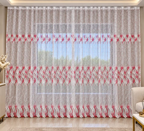 Perdele 3M - Perdea Tulle cu Broderie Alb+Bordo  Model Catrina - Cu Tiv si Rejansa - 3M x 2.5 h