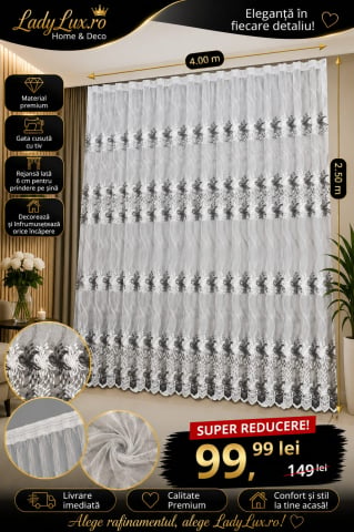 Perdele 4 M - Perdea Tulle cu Broderie Alb+Negru Model festiv - 4M x 2.5h Cu Tiv si Rejansa