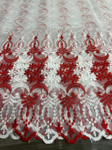 Perdele 3M - Perdea Tulle cu Broderie Alb+Rosu Model Semiluna  - Cu Tiv si Rejansa - 3M x 2.5 h