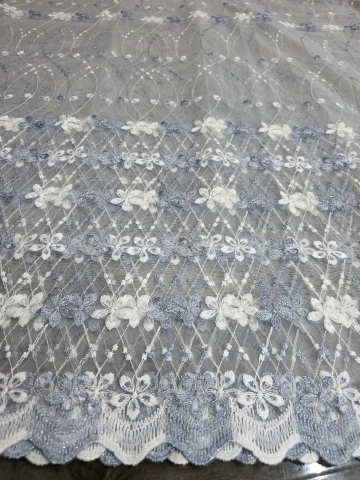 Perdele 3M - Perdea Tulle cu Broderie Alb+Gri Model Narcise - Cu Tiv si Rejansa - 3M x 2.5 h