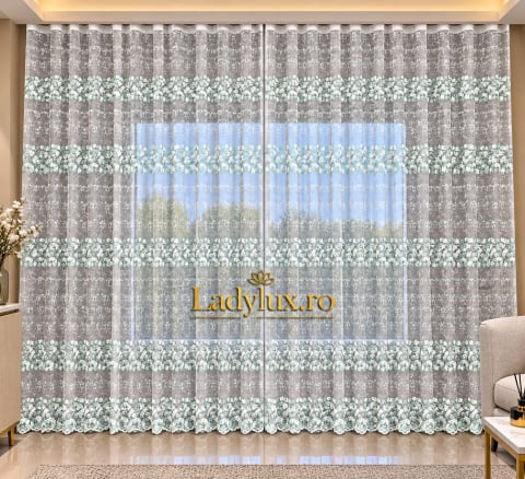 Perdele 3M - Perdea Tulle cu Broderie Alb+Verde Menta Pastel   Model Romanita - Cu Tiv si Rejansa - 3M x 2.5 h