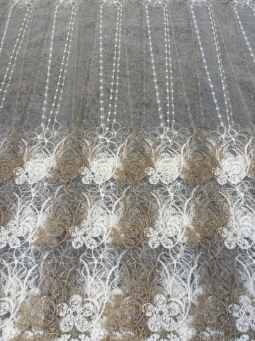 Perdea Tulle cu Broderie Alba+Capucino- Model IMPERIAL FLORAL - Cu Tiv si Rejansa - 4M x 2.5h