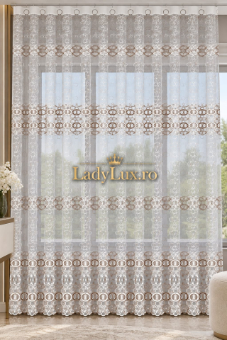 Perdele - Perdea Tulle cu Broderie Alba+Capucino- Model ROYAL - Cu Tiv si Rejansa - 4M x 2.5h