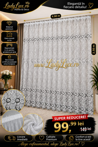 Perdele 4 M - Perdea Tulle cu Broderie Alba+Negru- Model ROYAL - Cu Tiv si Rejansa - 4M x 2.5h