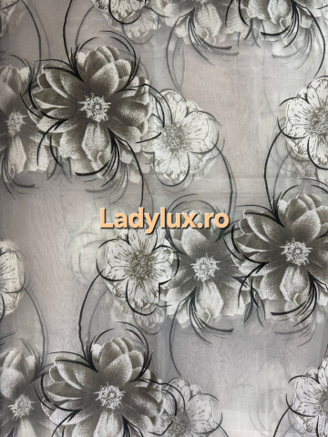 Perdele 4 M - Perdea Organza Imprimata - Model Floral Gri  - 4M x 2.7h Cu Tiv si Rejansa