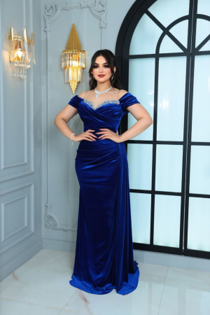 Rochie lunga Roxen eleganta Albastra din catifea [1]