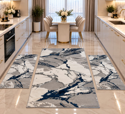 Covor cu Pui - Set Covor cu Pui  Abstract Model Cameleon 1x 145x220 cm  + 2x 55 X 106 cm Blue 157 