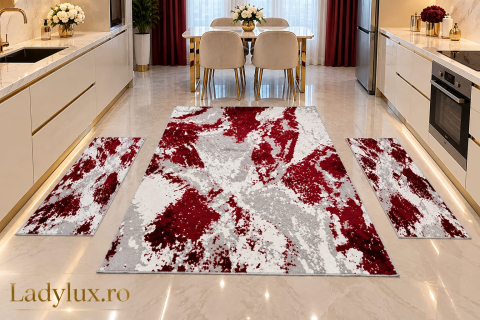 Covor cu Pui - Set Covor cu Pui  Abstract Model Cameleon 1x 145x220 cm  + 2x 55 X 106 cm Burgundy
