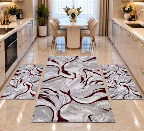 Covor cu Pui - Set Covor cu Pui  Abstract Model Cameleon 1x 145x220 cm  + 2x 55 X 106 cm Burgundy