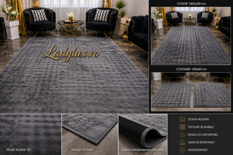 Covor 140x200 + 2 pui - Set Covor cu Pui Gri Antracit Model Bubble   1x 140x200 cm  + 2x 60x100 cm