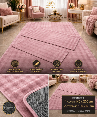 Covor cu Pui - Set Covor cu Pui Roz Pudra Model Bubble   1x 140x200 cm  + 2x 60x100 cm