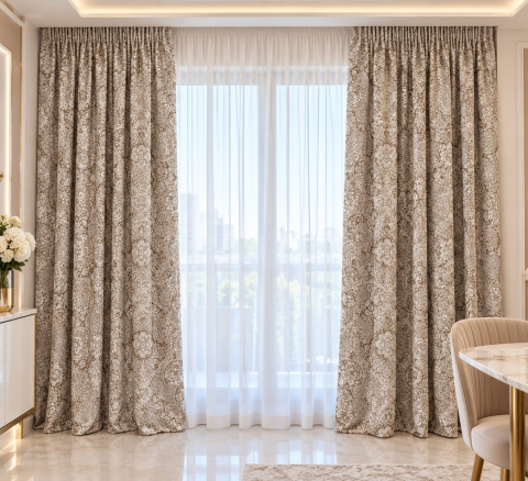 Draperii - Set Draperii Bej Model India  3M x2.7h Cu Tiv si Rejansă