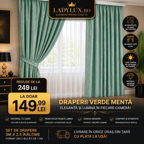 Draperii - Set Draperii Blackout Verde Menta Sidef  Gata Cusute cu Tiv si Rejansă, 3M x 2.5 Model Perla