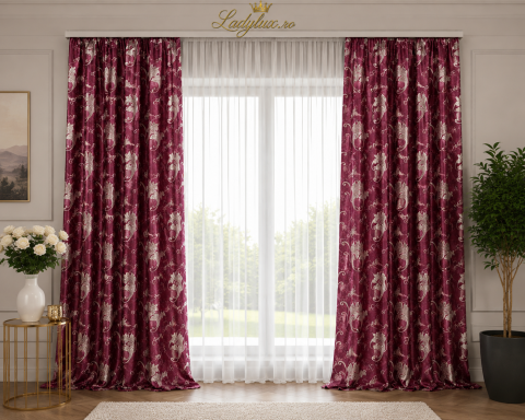 Draperii - Set Draperii Bordo  Gata Cusute cu Tiv si Rejansă, 3M x 2.5 h Model Frunza