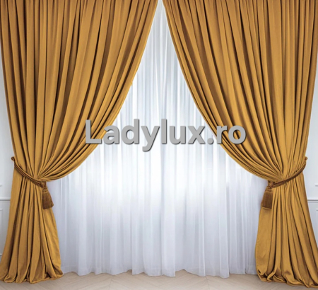 Draperii - Set Draperii Catifea -3M Gata Cusute cu Tiv și Rejansă – Aurie