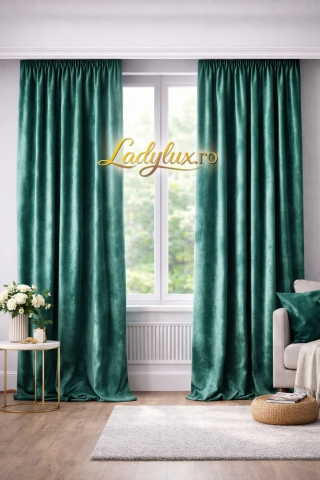 Draperii - Set Draperii Catifea Simpla Verde Smaral cu Tiv si Rejansa 3m-2.5h