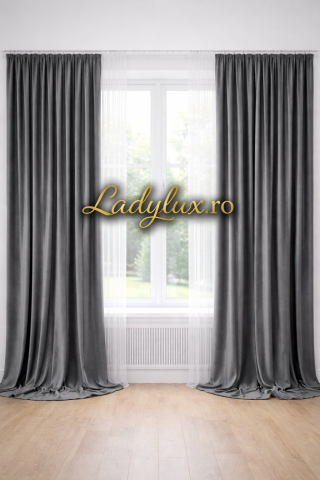 Draperii - Set Draperii Catifea Simpla  Gri Antracit  Cu Tiv si Rejansa 3M-2.5H