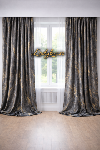 Draperii - Set Draperii Catifea Gri cu Insertii Aurii  Cu Tiv și Rejansă 3M-2.7h